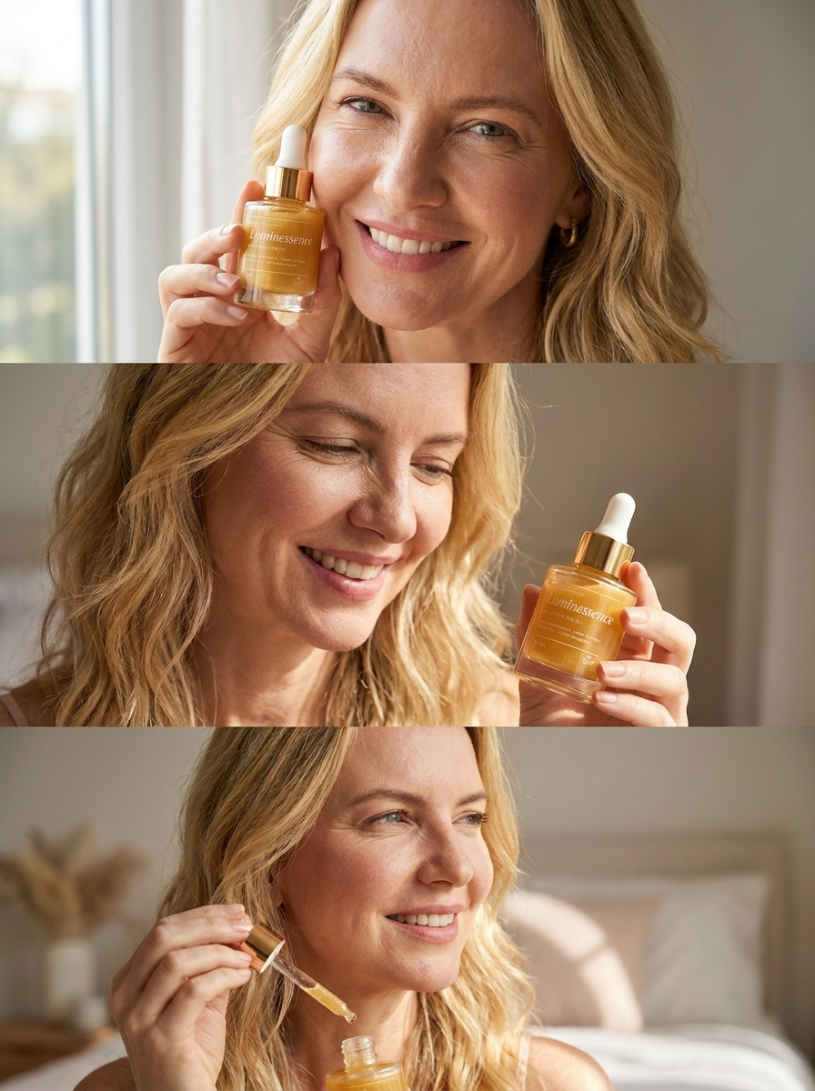 Modelo de meia-idade usando o sérum facial Luminessence